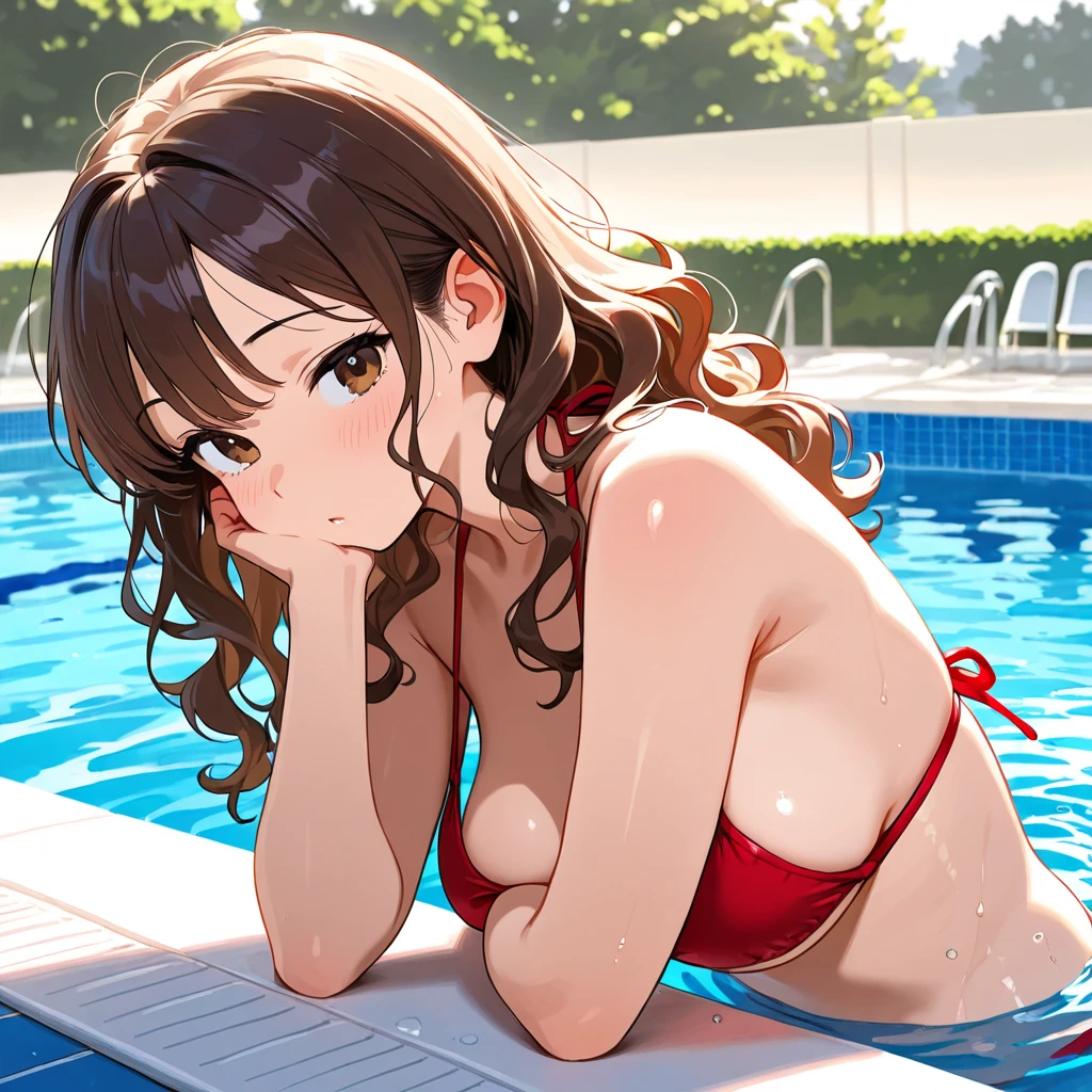 Highest quality,masterpiece,Dark brown hair,female teacher,Pool lessons,Sexy Swimwear,The boys are watching