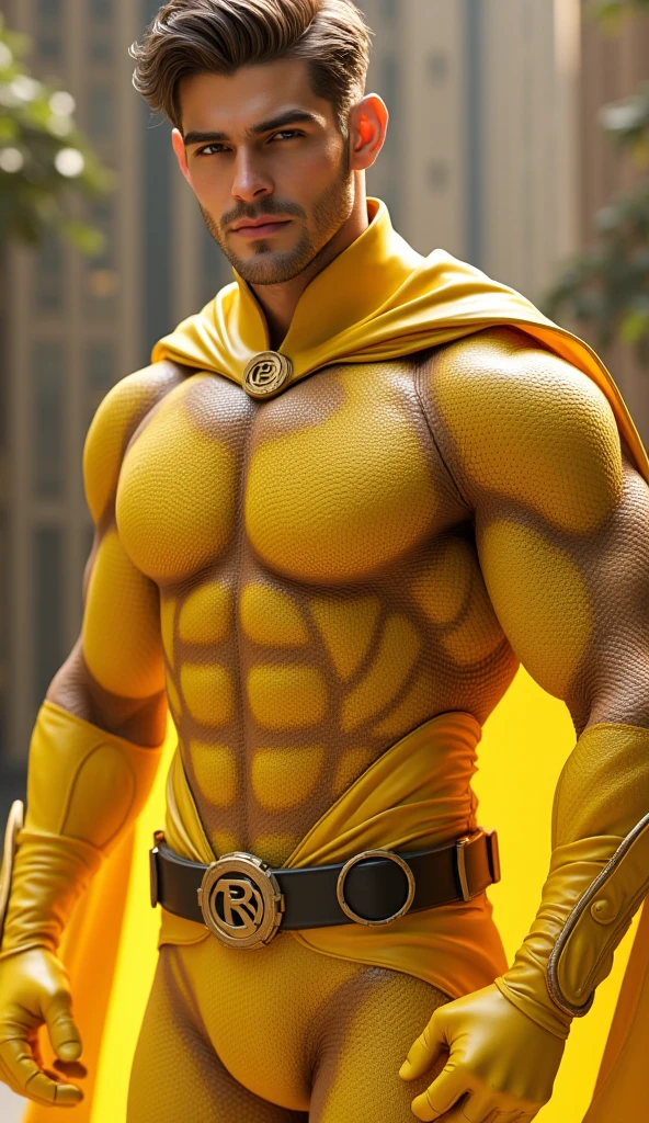 ((cinematic photography)), ((tmasterpiece)), Anthropomorphic banana in banana peel armor with a weapon in the form of a banana in a banana hand, banana theme, intricate detials, intricate figures of bananas, The city behind, muscled body, muscular arms, Banana Warrior