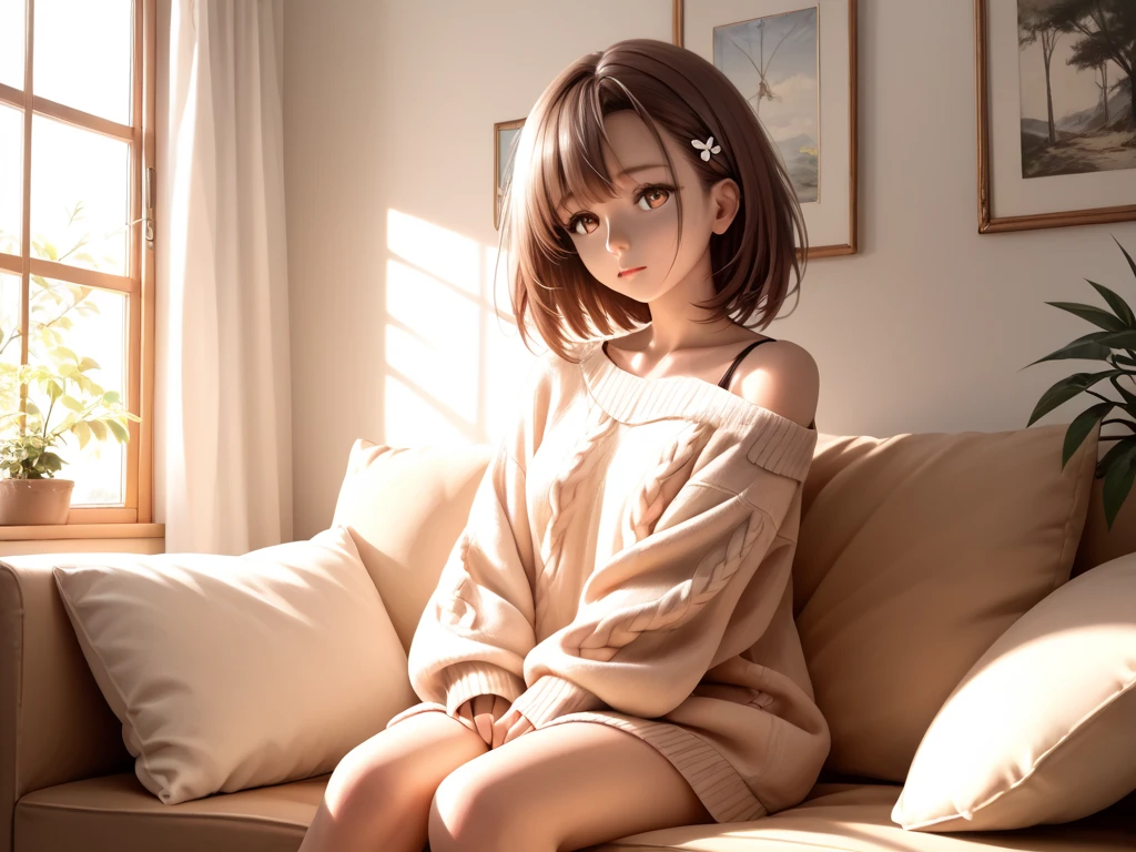 woman、Big eyes、living room、Sit on the sofa、blush、Shy personality、Cute face