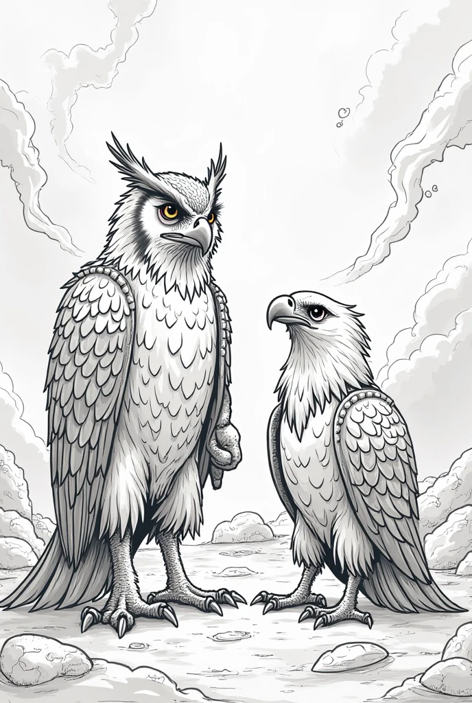 Coloring page for kids, eagle with 2 eagle chicks in the grassy highlands of Africa with many bushes, cartoon style, linhas grossas