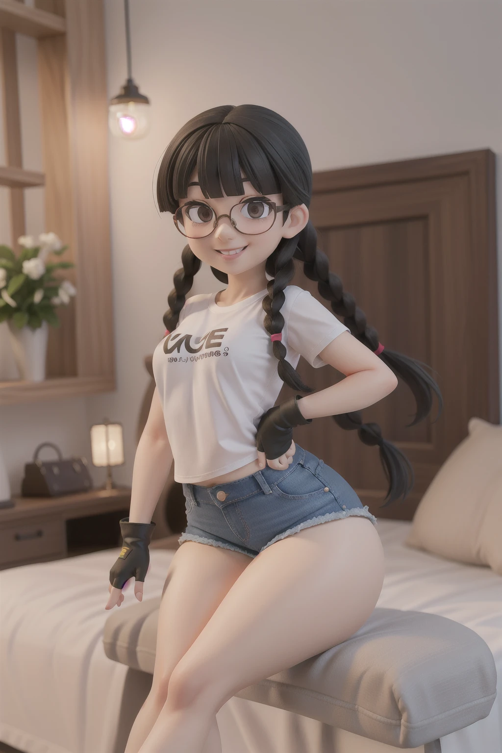 , girl, Ray tracing, 3D-стиль, 3DMM, whole body,(Front left view), Cute short girl, round face, Large sparkling dark brown eyes, long eyelashes, Glasses, languid look, parted sensual lips, Mysterious Half-Smile , tanned skin, short torso, Plump, rounded hips, Long brown tousled slightly wavy hair, Fluttering in the wind, White loose-fitting shirt with unbuttoned top button, Leather Mini Shorts, tight-fitting, firm buttocks, Soldier's Belt, chunky hiking boots, Fingerless leather gloves,(Spicy Small Breasts), Slightly curving, Put your hands on your knees, visible from behind, looking over your shoulder, simple background, Ideal Anatomy, High quality textures, very detailed, realistic textures, Anatomical Realism of the Skin, Realistic eyes.