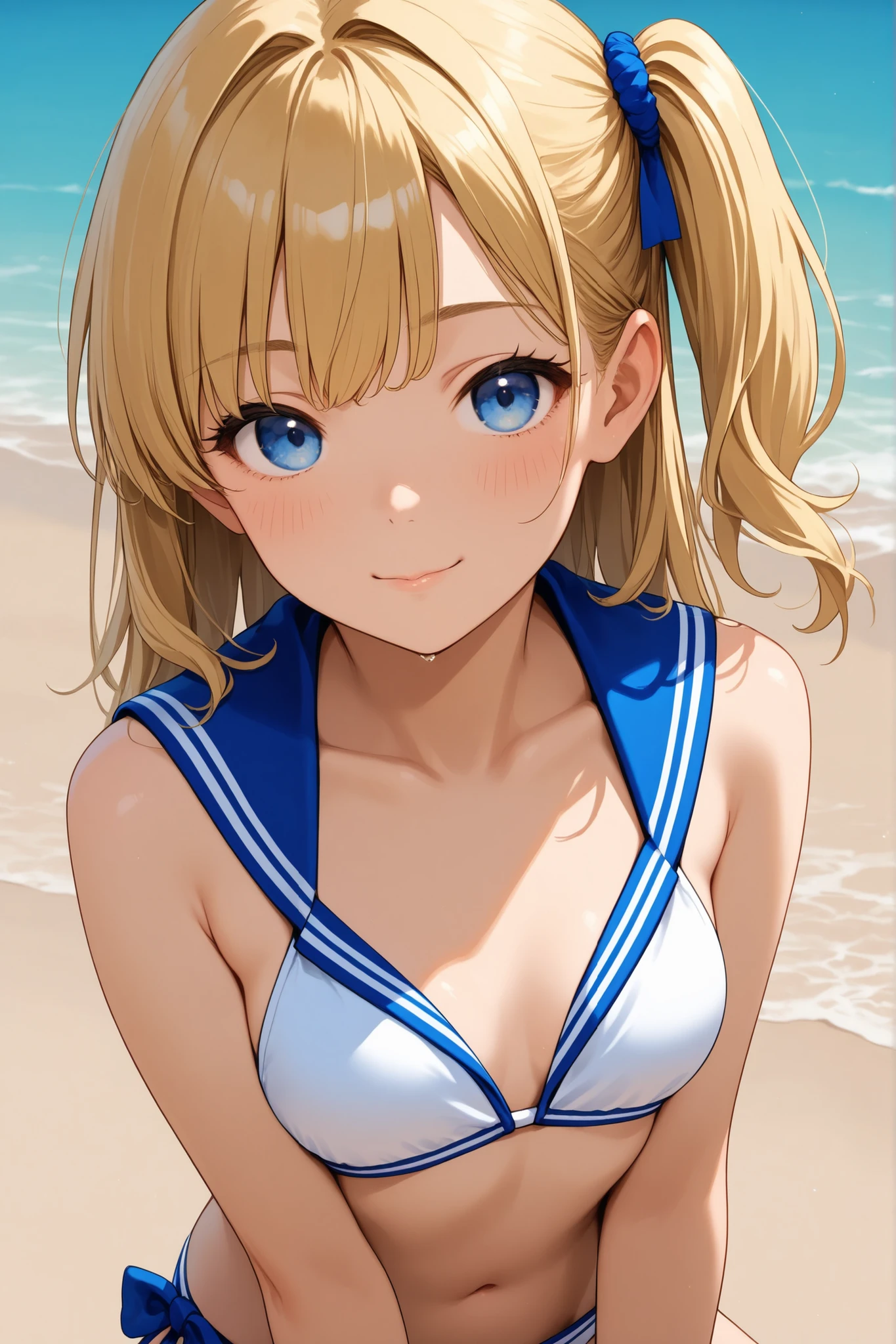 (high quality, high resolution, Super detailed), (Realistic:1.1, photoRealistic:1.4), Beautiful illustrations, Perfect lighting, colorful, 1 girl, solo, Japanese, (Anatomically correct), Cute and symmetrical face, Baby Face, Sunburn, Shiny skin,
(Middle Hair:1.5, Twin tails:1.2, Blonde), Asymmetrical bangs, blue eyes, Long Eyelashes, (Medium chest),
((Collared short-sleeved shirt, Light blue shirt, Grey plaid pleated skirt, Navy them)), No panties, evening, (Outdoor), (Cute smile, Cheek blush, Open your mouth), ( Lift one leg,feet of soles:1.2),(nsfw:1.3)