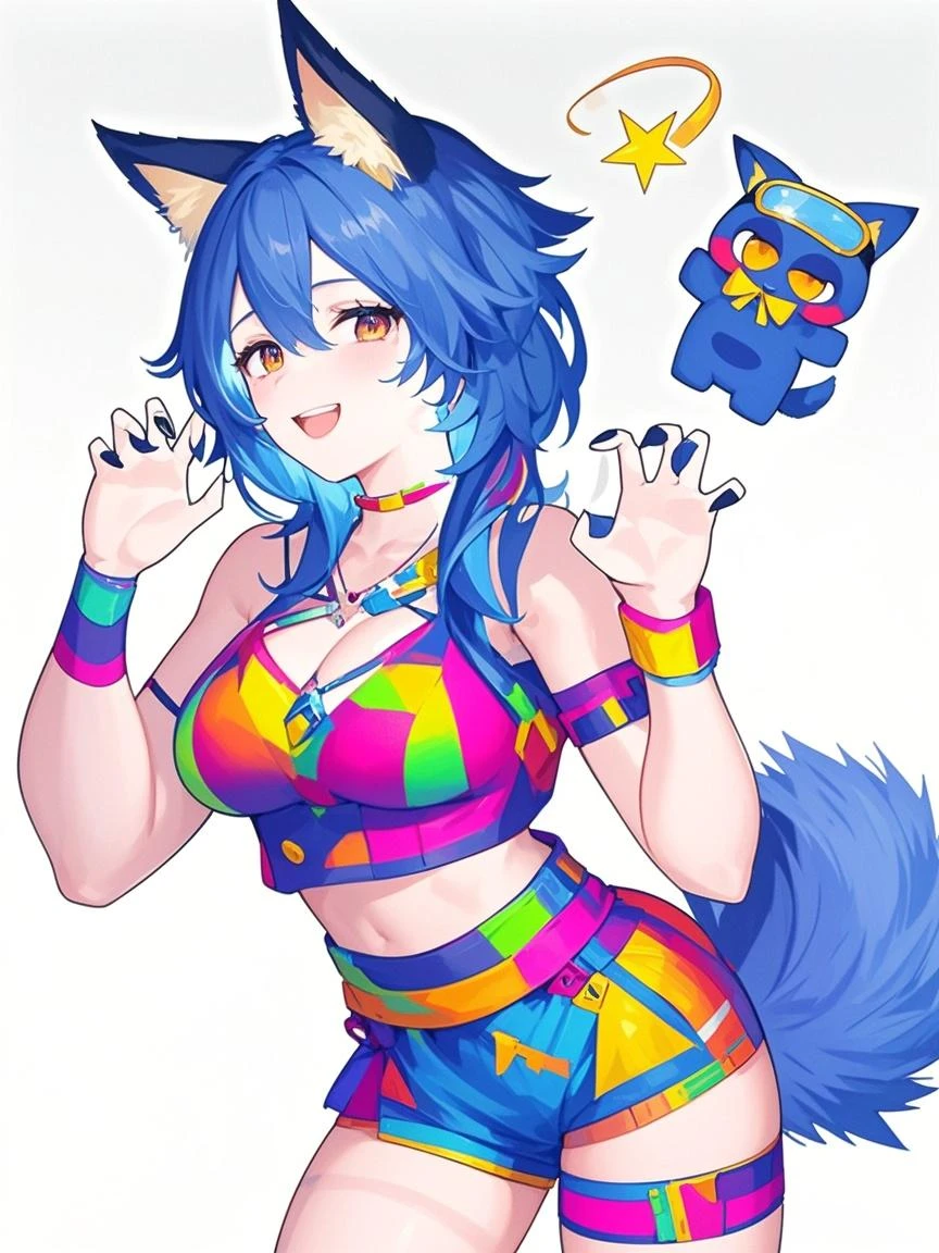 (Masterpiece) (High Detail) (High Res) A humanoid girl with pale skin and blue eyes and long blue hair and blue dog ears and a big fluffy dog tail and a large human cock. She is standing on stage in the middle of a sunny town during Carnival and is wearing a rainbow sequin bikini with a large rainbow feather headdress and rainbow flags all around. Rainbow confetti rainbow feather headdress and rainbow feather plumage. She looks happy.