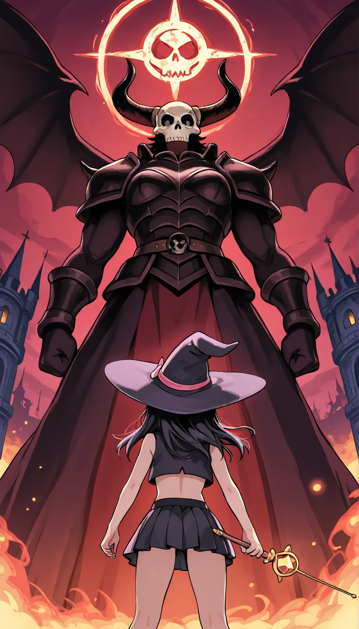 (A little witch girl stands up to the giant demon king), she has black hair and witch hat, cropped vest and pleated miniskirt, (She is holding up the big wand above her head), (view from behind), magic effect, Dark Castle, fantasy, (the demon king has burning hones and Skull Face)