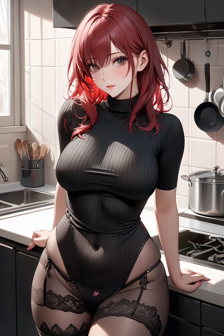 1girl, underwear, tight shirt, lingerie, big chest, green eyes, long torso, red hair, ponytail, shiny skin, reaching at the top of a cupboard