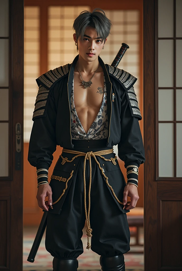 25 years old Japanese warrior, full body, police cap, short beard, naked, piercing eyes, exposed penis, full frame, professional lighting, simple dark background
