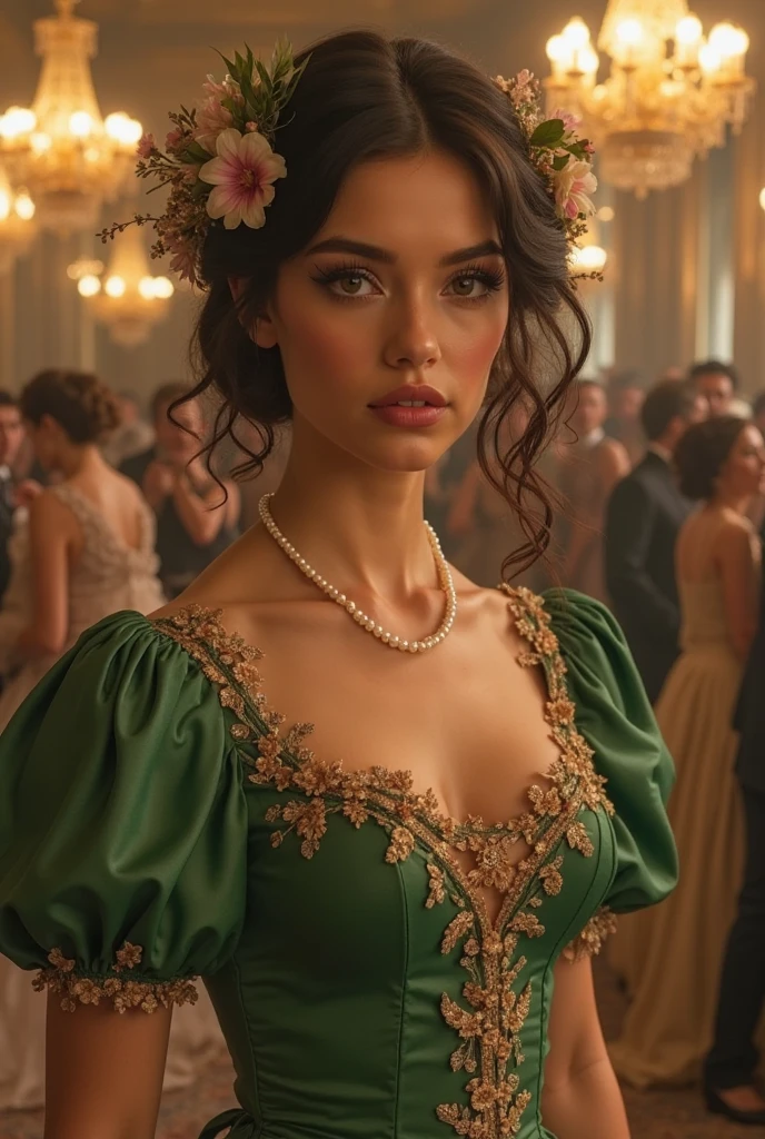 A spoiled princess wearing a beautiful green dress. Her hair is wet because it has been raining. She is inside a castle. In the background you can see a royal family and a prince. 