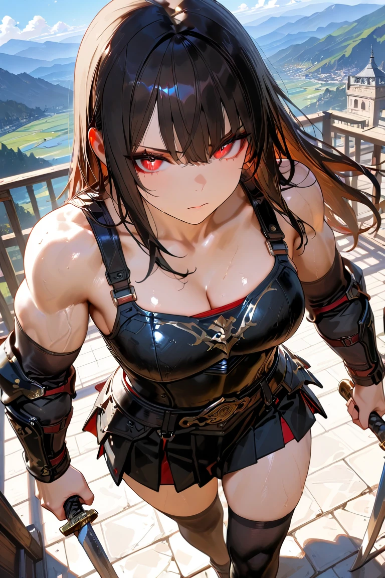 Tall, muscular woman with muscles full of veins marking her clothes, black hair, olive skin, huge breasts, wearing very short gladiator combat attire, holding a long sword, Coliseum background with lots of blood and dead beings