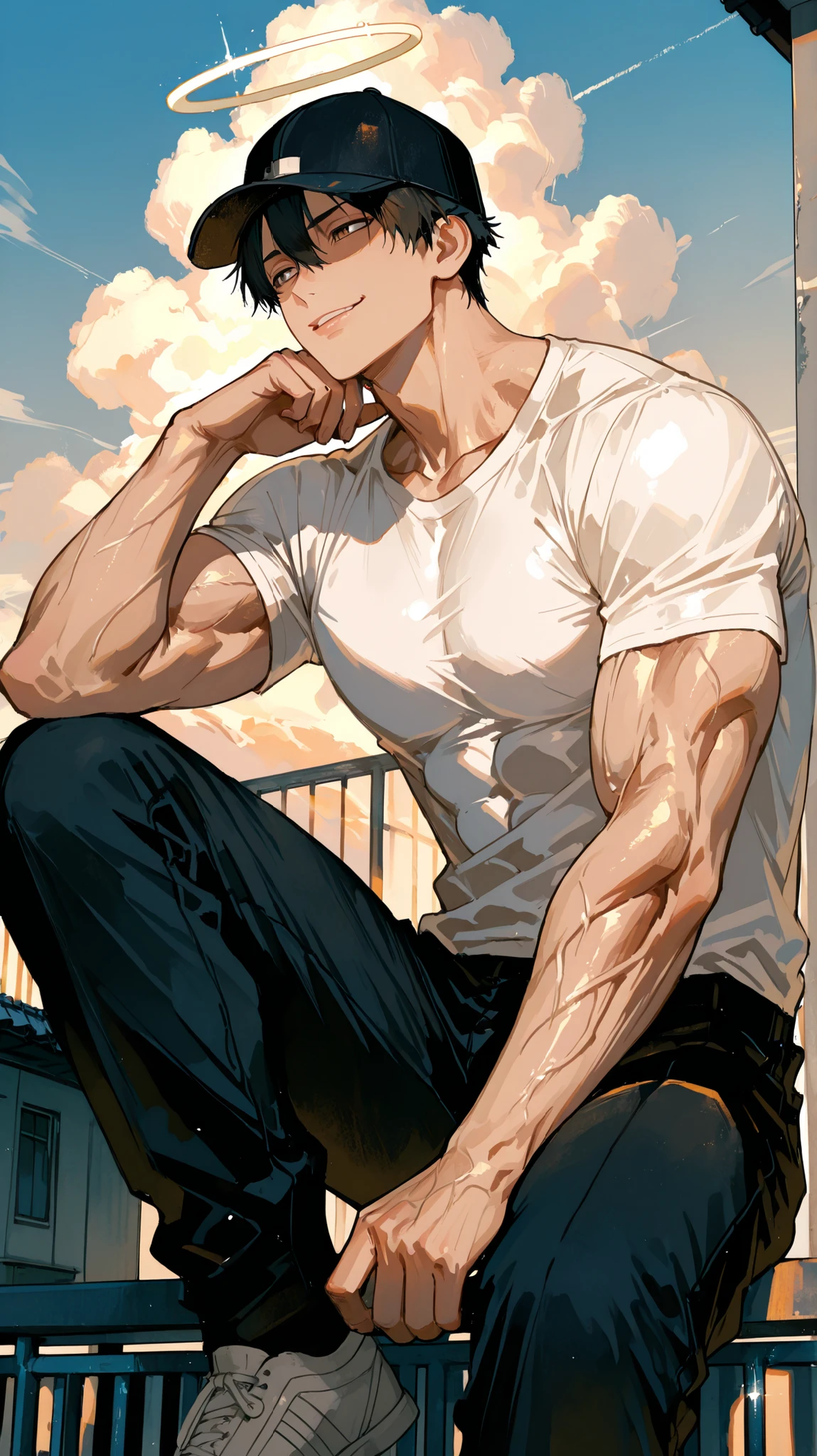 [Scene: School Rooftop – Afternoon]

Sai is a young man sitting on the edge of a school rooftop. The camera angle is low, looking slightly upward, making Sai appear larger-than-life and powerful. The sky behind him is vast and clear, painted in deep blue with soft white clouds drifting slowly. The afternoon sun is bright, casting warm golden light that creates a glowing halo around Sai’s figure.

Sai’s posture is relaxed but confident: his right leg is bent with his arm resting casually on the knee, while his left leg hangs freely over the rooftop edge. His body leans slightly forward, showing ease but also strength.

He wears a plain white shirt that fits snugly, fluttering gently in the breeze. The shirt tightly contours to his muscular frame—broad, strong shoulders with sharply defined deltoid muscles. His arms are powerful and toned, with visible veins and muscle definition on his forearms. His chest is firm and sculpted, with subtle shading showing the curves of his pectoral muscles. The shirt’s fabric wrinkles realistically where his arms bend and where the breeze catches it.

Sai’s torso reveals well-defined abdominal muscles and obliques, highlighted by the warm sunlight. Shadows fall naturally across his muscles, deepening the contours and giving his physique a three-dimensional, lifelike depth.

His skin is a rich brown with a warm bronze glow where the sun hits directly. The light creates soft highlights on his cheekbones, jawline, shoulders, and arms. Shadow areas—under his chin, beneath his arms, and along the side of his torso—are cool and slightly bluish, adding contrast and realism.

Sai’s black hair is tousled by the wind, strands lifted gently, showing texture and movement. A dark cap sits on his head, its brim casting a shadow that partially obscures his eyes. Only the faint glint of sharp black irises is visible under the shadow, giving his gaze a mysterious, intense quality.

His lips curl into a subtle, confident smirk, with soft shadows emphasizing the shape of his mouth and chin. The overall expression is calm, collected, and slightly predatory.

Around Sai, the air seems to ripple softly, as if reality itself bends subtly in his presence, enhancing the atmosphere of quiet power and untouchability.