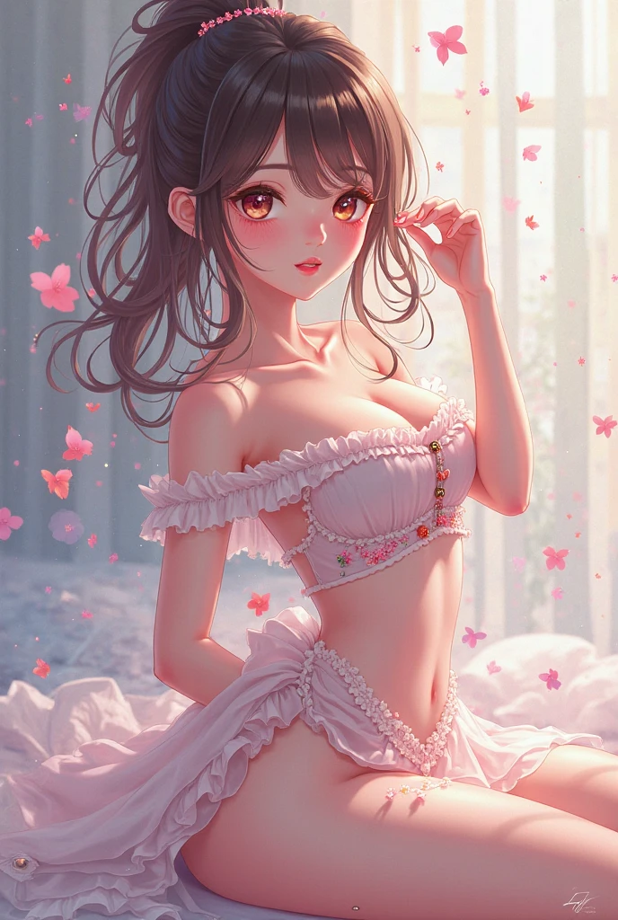 young girl in pink lace panties and elegant pink lingerie, her panties are slightly transparent and we can see her vagina through the fabric of her panties, and the shape of her vagina, she is brunette with blue eyes, she is very fine , her fine chest, her chest is flat, she has bare breasts, she is topless, she has small breasts, she has pretty hips and bare shoulders, she poses confidently, her back well arched, and legs are spread