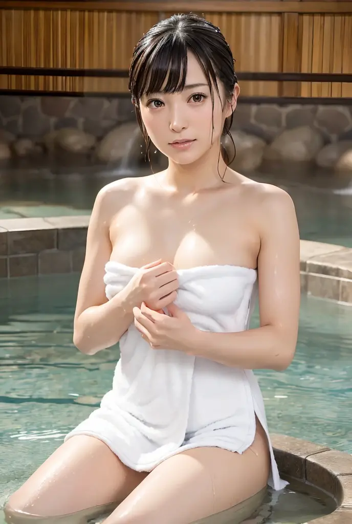 ((of the highest quality, 8K, masutepiece: 1.3, Raw photo)), Sharp Focus: 1.2, (1 AESPA Girl :1.1), Solo, (Realistic, Photorealistic: 1.37), (Face Focus: 1.1), Cute face, hyperdetailed face, Short messy hair, Small Smile, (Open-air bath at night at a hot spring ryokan in Japan: 1.2), (blush: 1.2), (Naked: 1.4),(Upstyle: 1.5), (Girl soaking in hot water: 1.3),(Night:1.5), (water vapour:1.2), ((A towel that covers everything from the chest to private parts, Naked towel, cleavage, wearing bath towel: 1.3))