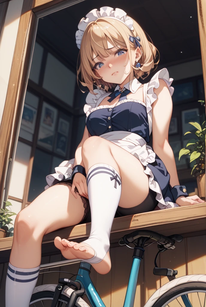 (8k、Highest quality、highest quality、masterpiece)、Detailed face、One girl、blondes、 ((Brown skin:1.4))、blondes、short hair、Grey Eyes、blush、Embarrassing、Embarrassed、tough、painful、Open your mouth、big breasts、((????? pussy)、Full body portrait、Skirt Lift、mini skirt、White dress、White knee-high socks、black strap shoes、pussy big dildo、????????????、Big ribbon on head、????????、garden、Sit on a bench