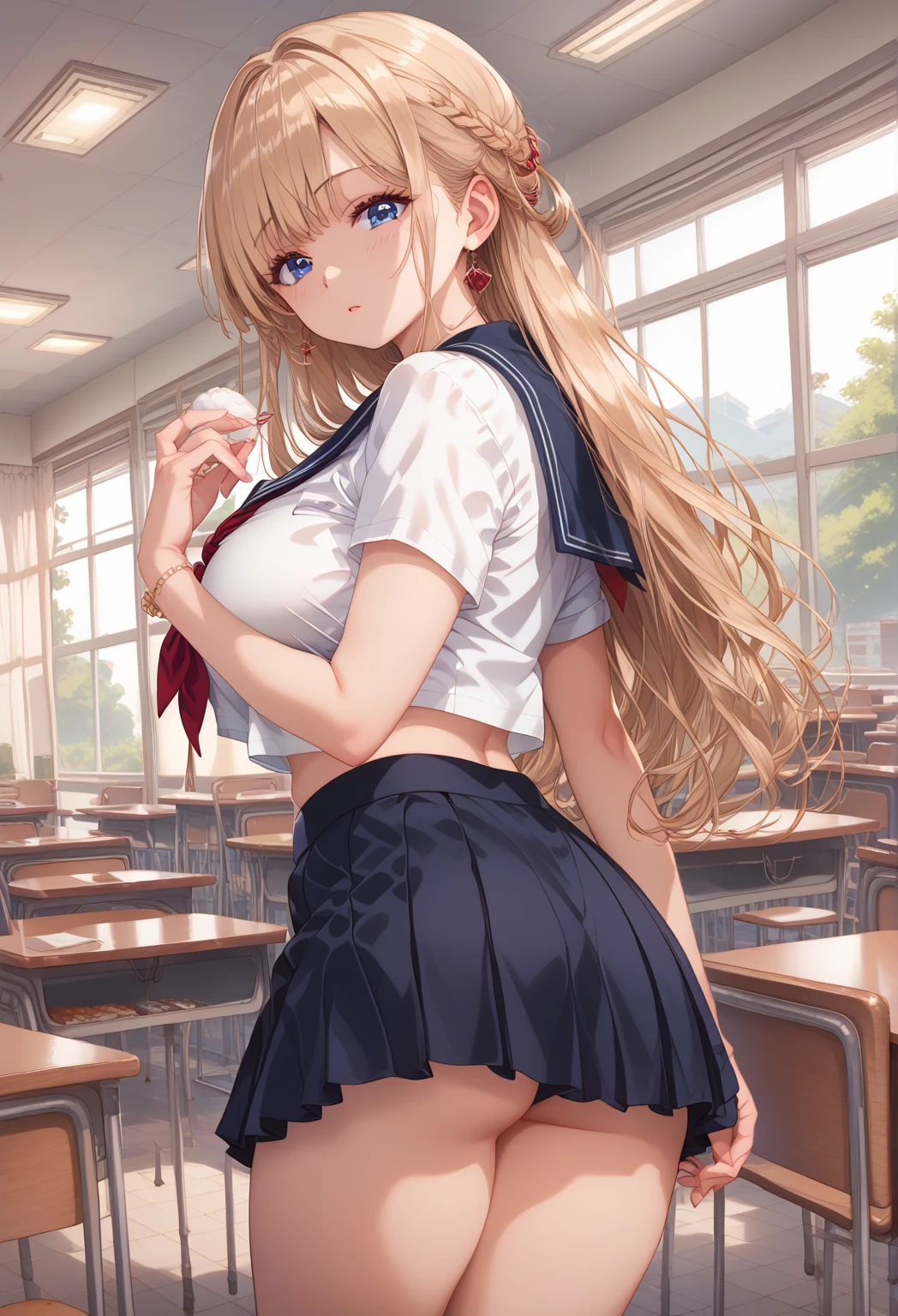 ((highest quality、High resolution、Highly detailed CG Unity 8K wallpaper))、detailed face、perfect body、unparalleled beauty、blonde、beautiful breasts、open your legs、a sexually excited look、((high school girl、school uniform))、skirt、((She shows me her panties and seduces me))