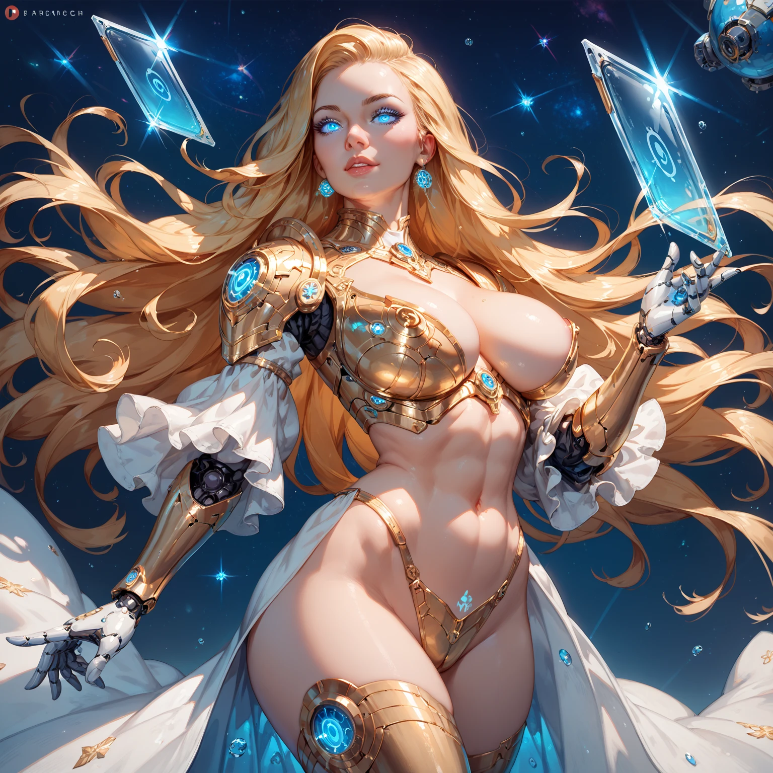 solamente, Super fine photo, Unreal Engine 5 8K UHD digital art portrait of a girl, Arte conceptual, character concept design, wearing a tight, shiny white dress with metallic details, corona de oro, ojos azules, fantasy princess, guante metalico, cabello largo y rubio, La mejor calidad, Obra maestra, Super detailed, foco nítido, pose Sujestiva y sexy y inocente y