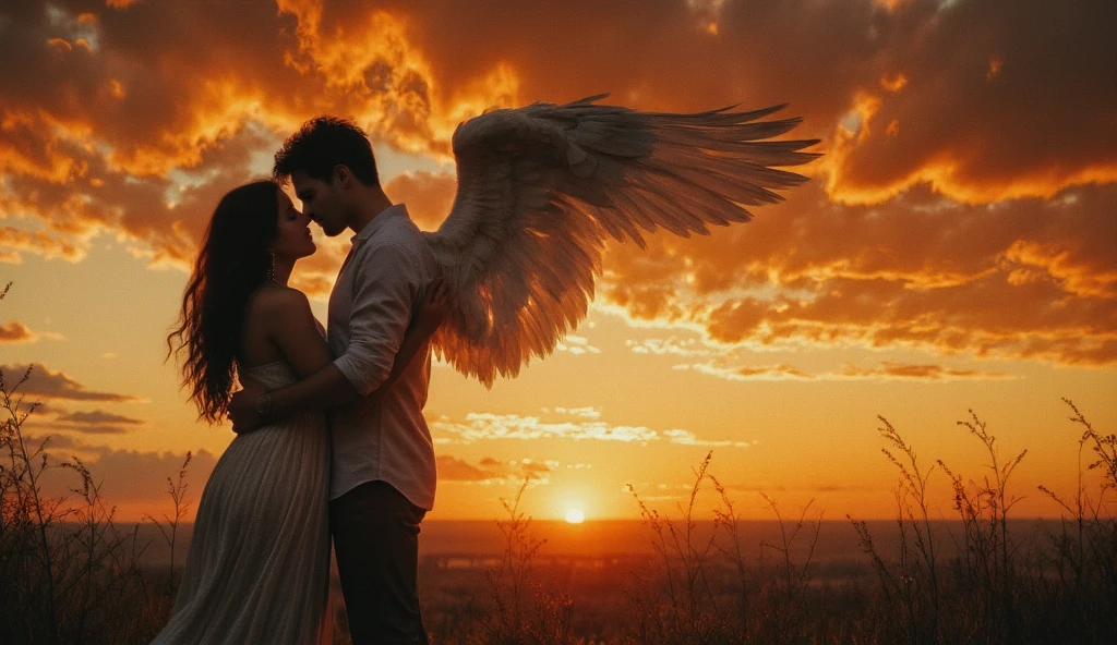 Horror-themed,  <lora:Juxtaposition style:1>
Juxtaposition of a demon man and an anlge woman hugging in front of a sky, wings, 1girl,long hair,short hair,blue eyes,blonde hair,brown hair,1boy,dress,closed eyes,hetero,wings,white dress,lips,hug,feathers,couple,feathered wings,black wings,angel wings,angel,angel and devil Juxtaposition, artistic, photography, dramatic light, dramatic shadow light, contrast, saturated color, cinematic, filmic, photographic, realistic, realism, perfection, perfect, Juxtaposed, opposite, different things, side by side, syncretism, antithesis, Juxtaposition style, Eerie, unsettling, dark, spooky, suspenseful, grim, highly detailed