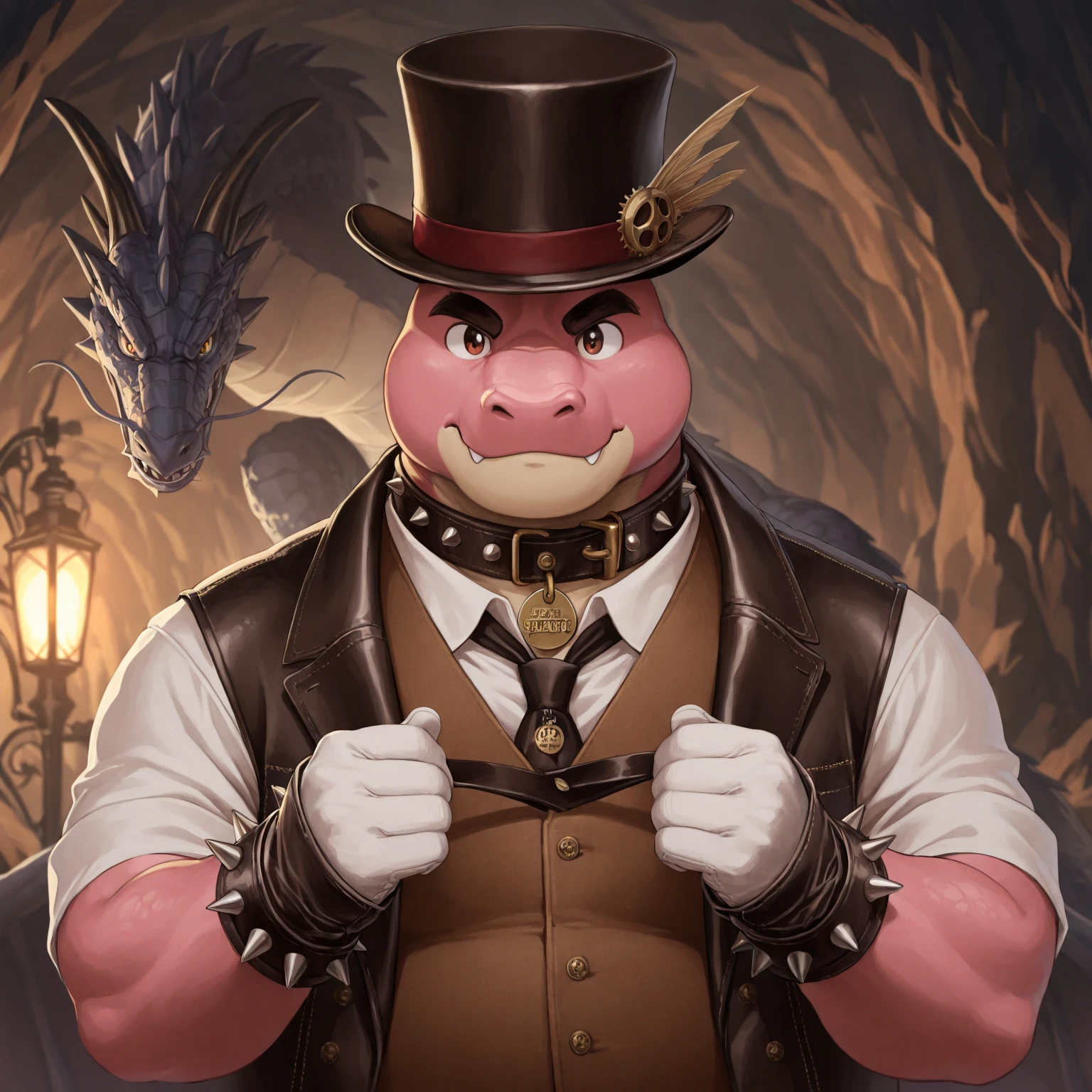 Solo, Male, fat, extremely obese, gentleman, dapper Professor Dingodile, blue eyes, (posing:1.3), (soft shading), 4k, hi res, ((detailed face, detailed)), looking at viewer, mouth wide open, steampunk, collared shirt with buttons, top hat, male focus, Explorer Outfit, glasses, monocle, bag, vest with buttons, backpack, sleeves rolled up, round eyewear, brown headwear, brown vest, Dingodile is wearing a glossy leather dog collar around the neck, Dingodile is wearing the leather collar and shirt and vest at the same time, Dingodile is wearing glossy white rubber gloves on the hands, wearing white rubber gloves on the feet, gloves are rubber in texture, clenching teeth, clenching fists, leather collar is glossy and shiny with a lot of detail, Dingodile is wearing gloves and leather collar at the same time, leather collar has a round dog-tag, leather collar is thick and detailed.