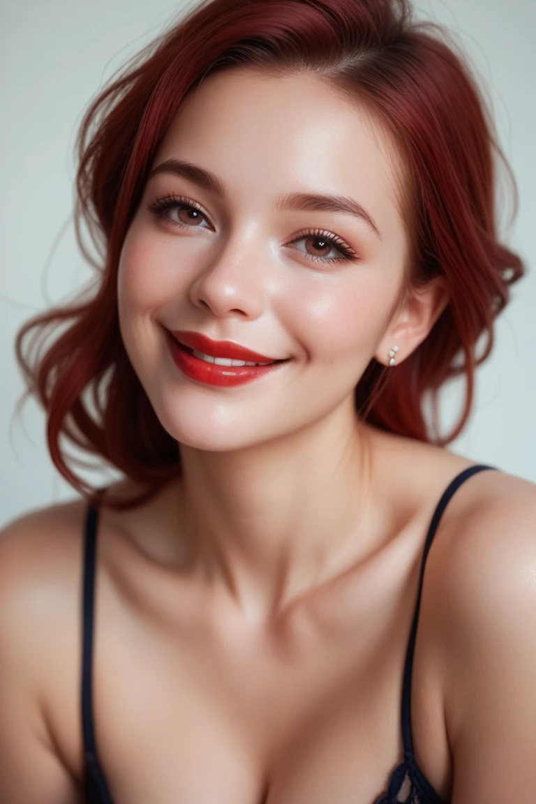 hyperrealistic beautiful busty 19-year-old woman, model shooting full body photography, natural redhead classic bun, freckles, soaky wet skin, dark eye makeup with eyeliner, seductive smile, red lips, 8K, Best quality, Meisterwerk, ultra high resolution, (Realismus: 1.4), Originalfoto, (realistische Hautstruktur: 1.3), (Filmkorn: 1.3), (Selfie-Winkel), 1 girl, Beautiful round hazel eyes and facial details, Meisterwerk, Best quality, indoor photography, showing armpit, arms up,