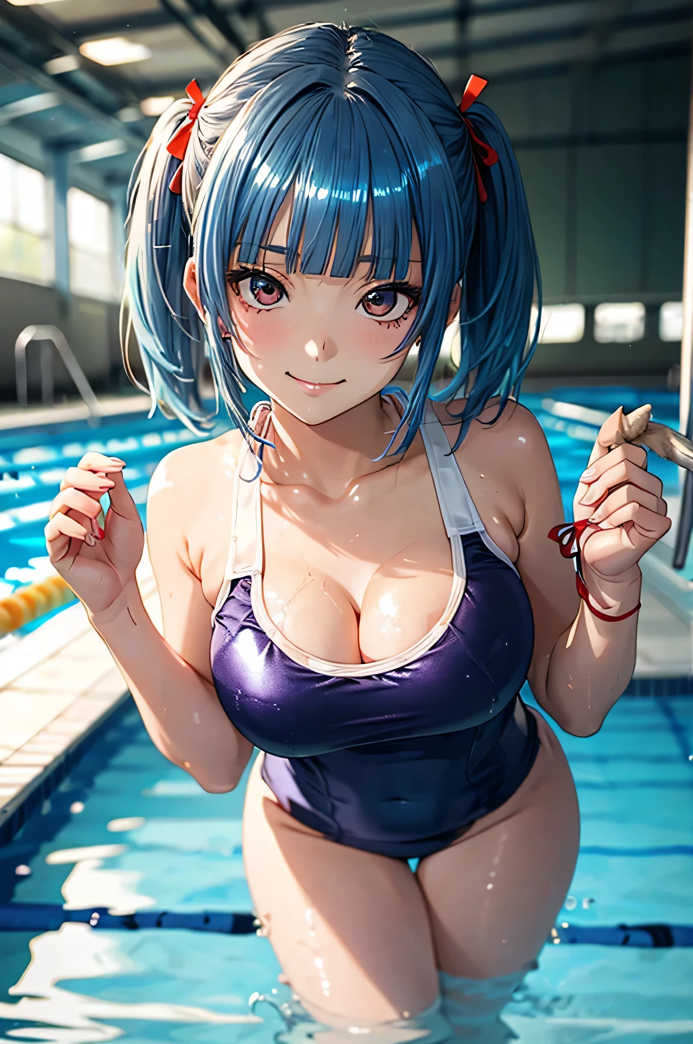 Hatsune Miku VOCALOID, Highest quality, masterpiece, Ultra-high resolution, (Realistic: 1.4), Big Breasts, Indoor Pool, RAW Photos, 1 girl, Light blue hair, Glowing Skin, Wet body, Dramatic lighting, whole body, (((Micro Bikini)), huge