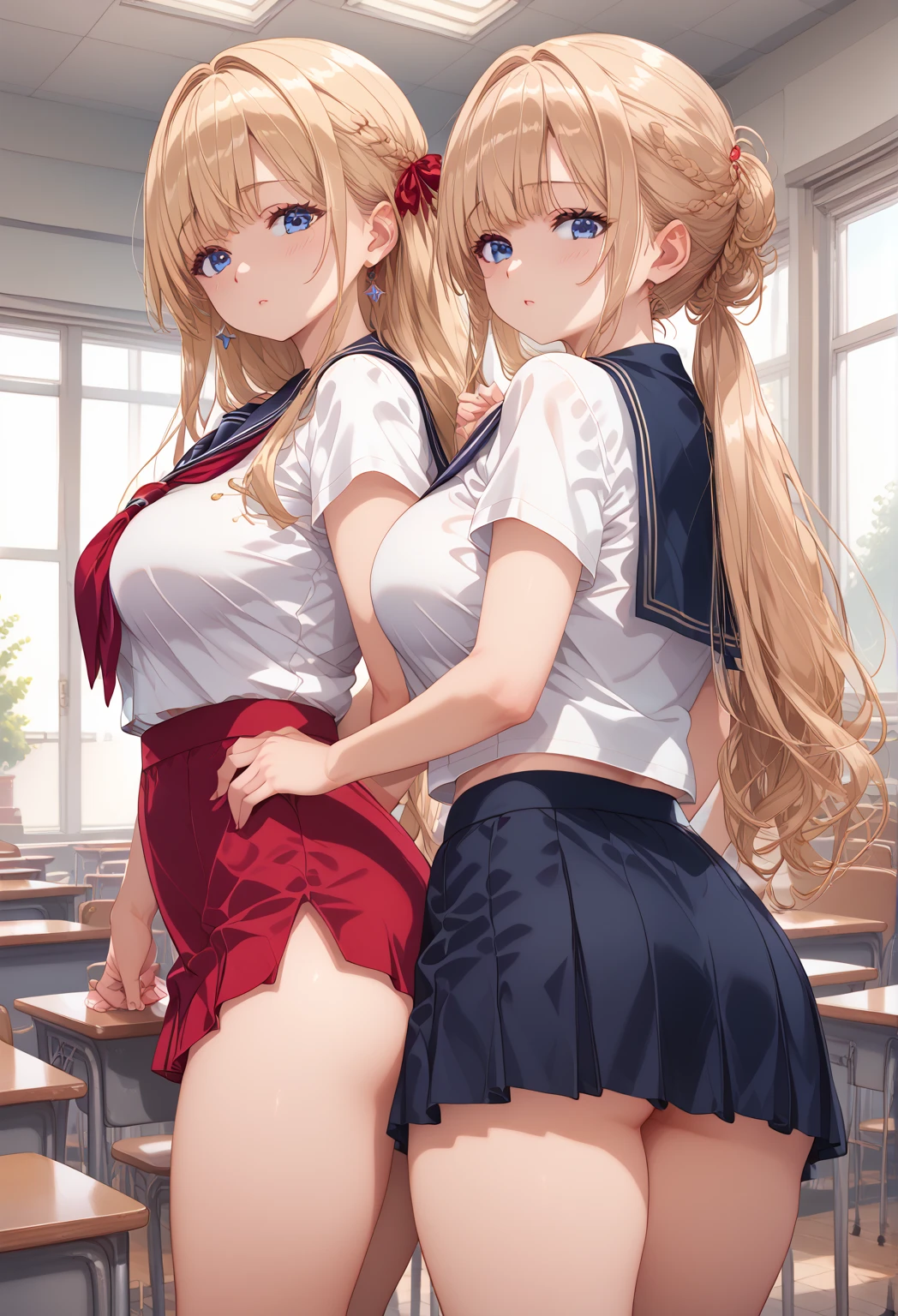 highest quality,wonderful,finely,extremely detailed CG Unity 8K wallpaper, (Stand in line:1.2), (3 girls, cute eyes, sailor uniform, clothed), (huge breasts), (open mouth:1.1), (long tongue:1.1), (mouth drool:1.1), (black stockings:1.1),(Thighs:1.1),(Waistline:1.1), (Light blue striped underwear:1.1), (skirt lift:1.3)