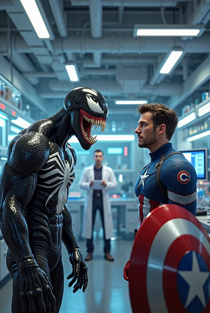 Venom and Wolverine、genetic research institute。There is a large glass cylinder used for scientific experiments。They are each contained in a cylinder。