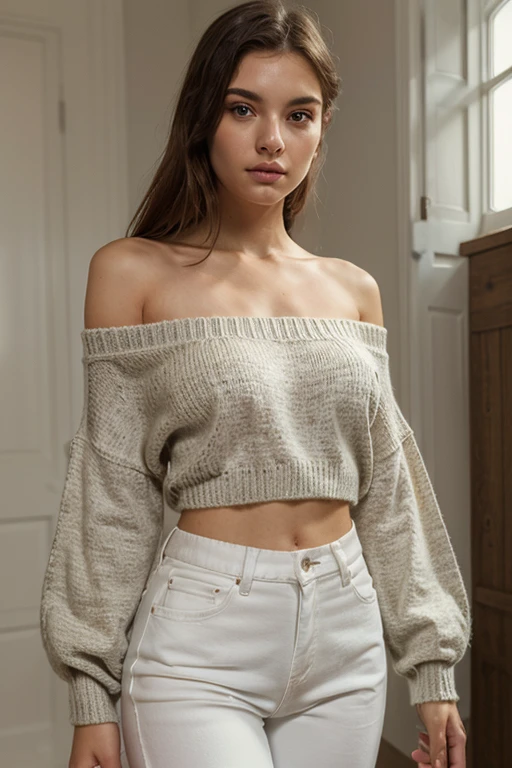 Sfw, (masterpiece, best quality, highres, high resolution:1.2), extremely detailed, realistic, intricate details, Kim Denise Lang , solo, shy, blush, freckles, wearing sweatshirt, sweatshirt, panties, highleg panties, (small breasts, thick thighs, wide hips), standing, (cinematic lighting, sunlight, volumetric), indoors, window, looking at viewer.