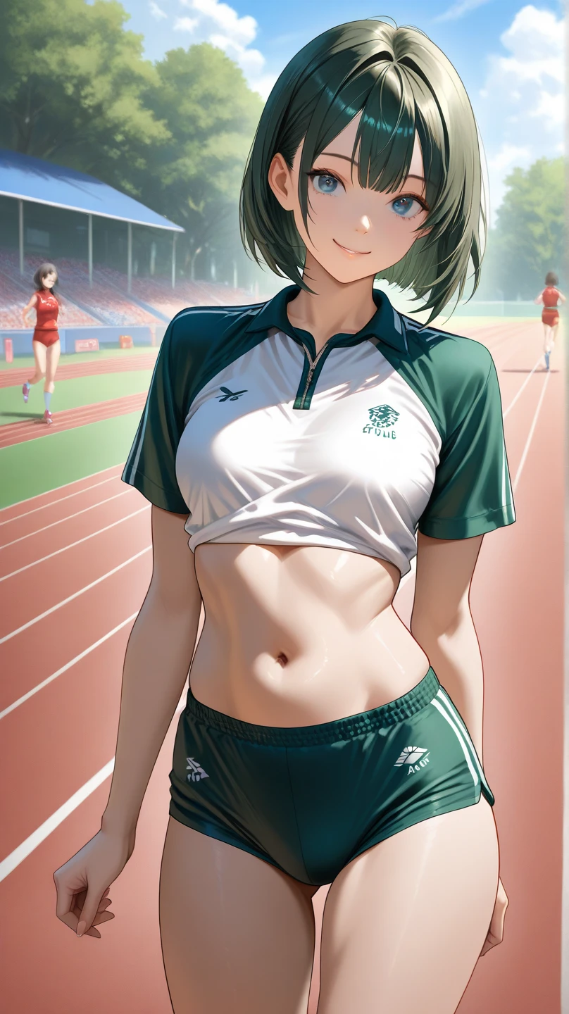 ((masterpiece)), ((Highest quality)),Ultra-high resolution, Caustics, detailed, Beautiful detailed Eyes, alone, (Athletics Stadium, Track and field athlete),Cowboy Shot,20 year old beauty、( another, High leg bloomers ,Show your belly),Slender body, Ideal body proportions,Sweat,Medium chest,Brown eyes, Shortcuts,Brown Hair,Painful expression、running,Flexible body,