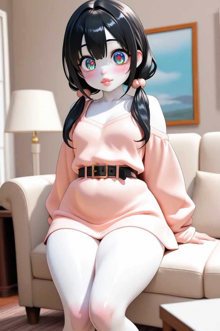 anime girl with big thighs and black hair, deep red eyes, plump lips and a cute nose, pale skin, oversized t-shirt and satin bootyshorts, with crew socks and leg tattoo