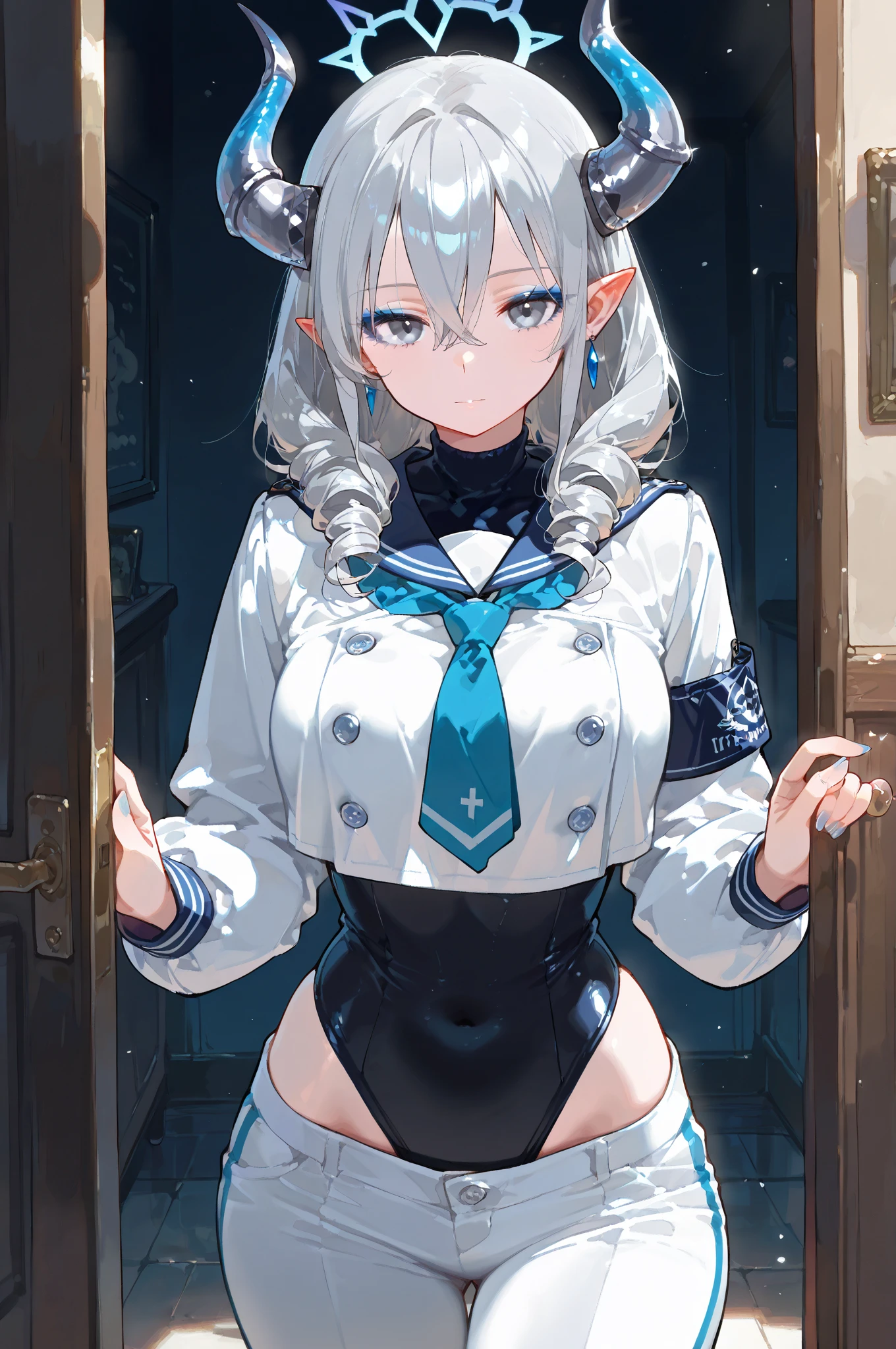 (Highest quality), (masterpiece),(High resolution), alone, (avalanche_Soso no Furien:1.10), (avalanche), One girl, Mouth closed, Small breasts, (Blue Playboy Bunny: 1.3), (Blue fake bunny ears: 1.3), (White High Heels), Hands on hips, Carboy Shot, Kneel, Spread your legs, Lounge,