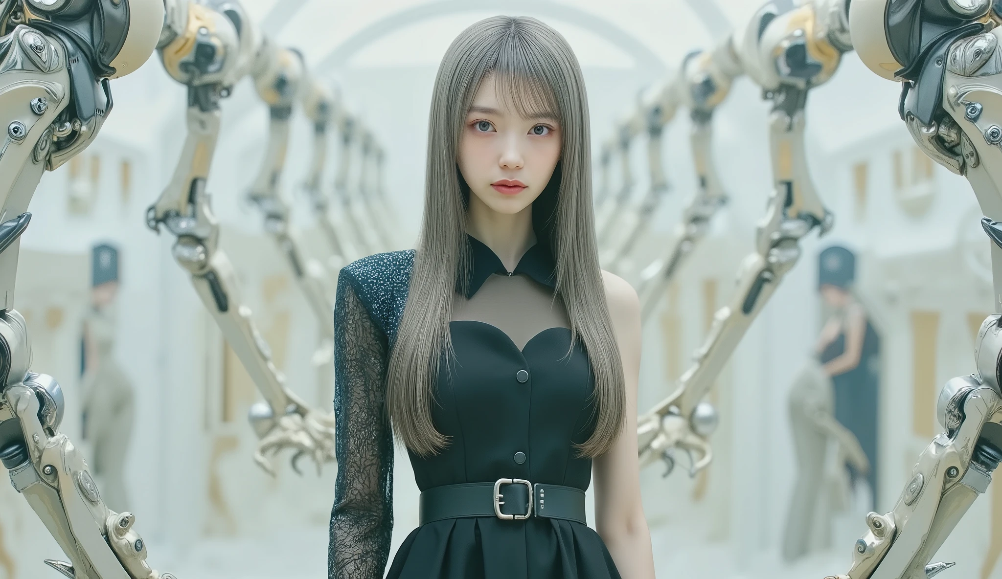 masterpiece, 最High Quality,High Quality, Newest, Hi-Res, very high resolution,４ｕｒ４_illustrations,wears a shiny, 1girl, solo, long hair, dress, medium breasts, gray hair, black dress, Feet of frame, Robot, faceless, sci-fi, Skull, long dress, joint, machine arm, I can't stand it, Cyborg, Skeleton, Robot joint, faceless female, mechanical parts for giant arms, Machine leg, Dynamic Poses, , Limited Palette,
dynamic Composition,abstract_Composition ,Detailed Background,depth of field,