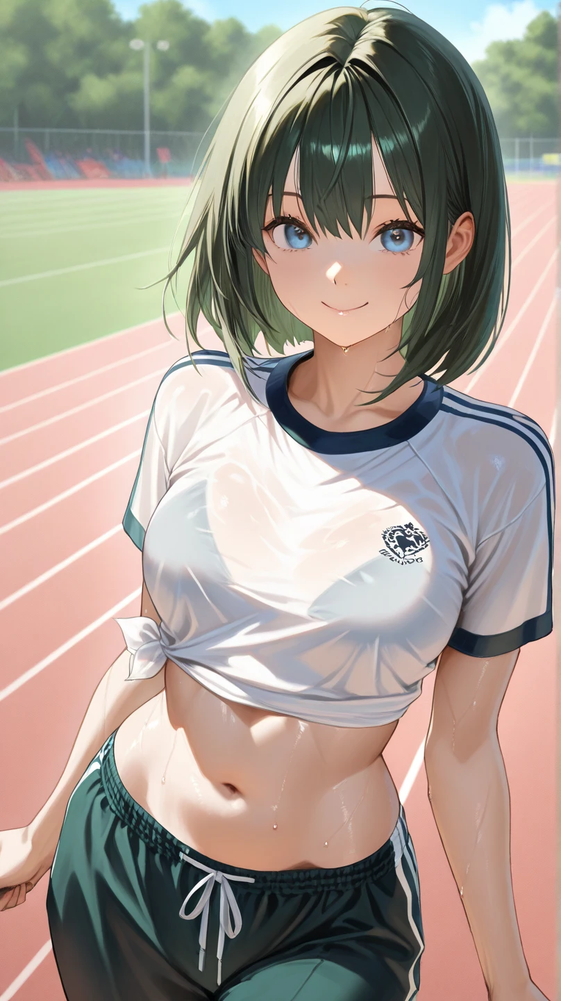 mastute piece,Best Quality,insanely detailed,8k cg,nsfw,
shoot upper body,(body in front:1.1),
1girl,standing,looking at viewer,Proudly、(upright:1.3),(school gymwear,buruma,bare breasts:1.4),
break,blush,shy,(trembling:1.2),break,(green hair),(large breasts),Short:1.2、(open mouth:0.9),(outdoor sports field),