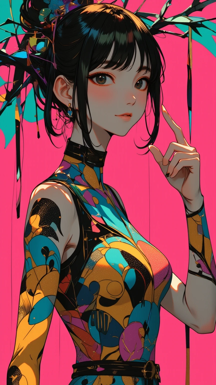 Create a digital art work in pop art style, featureing a vibrant and confident asian young girl with street fashion, cinematic color scheme, surrounded by vintage flowers patterns, energtic brushstrokes,the mood should be dynamic, upper body, drawing, illustration, grayscale, tropical, many flowers,