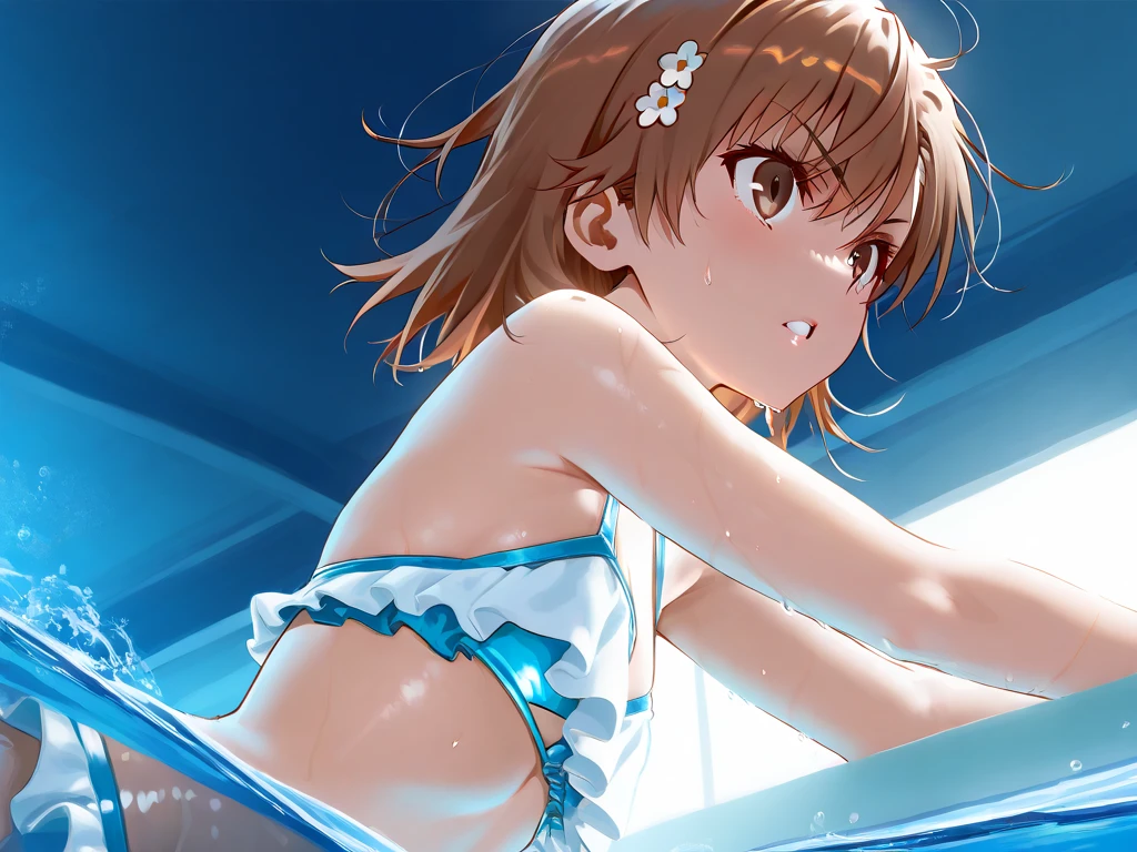 2d, masterpiece, best quality, anime, highly detailed, cowboy shot, 1girl, solo, monika, green eyes, brown hair, ponytail, hair bow, white bow, white bikini, partially underwater shot, ocean, island, smile, standing <lyco:doki doki literature club:1> <lyco:deep submersion:0.7>