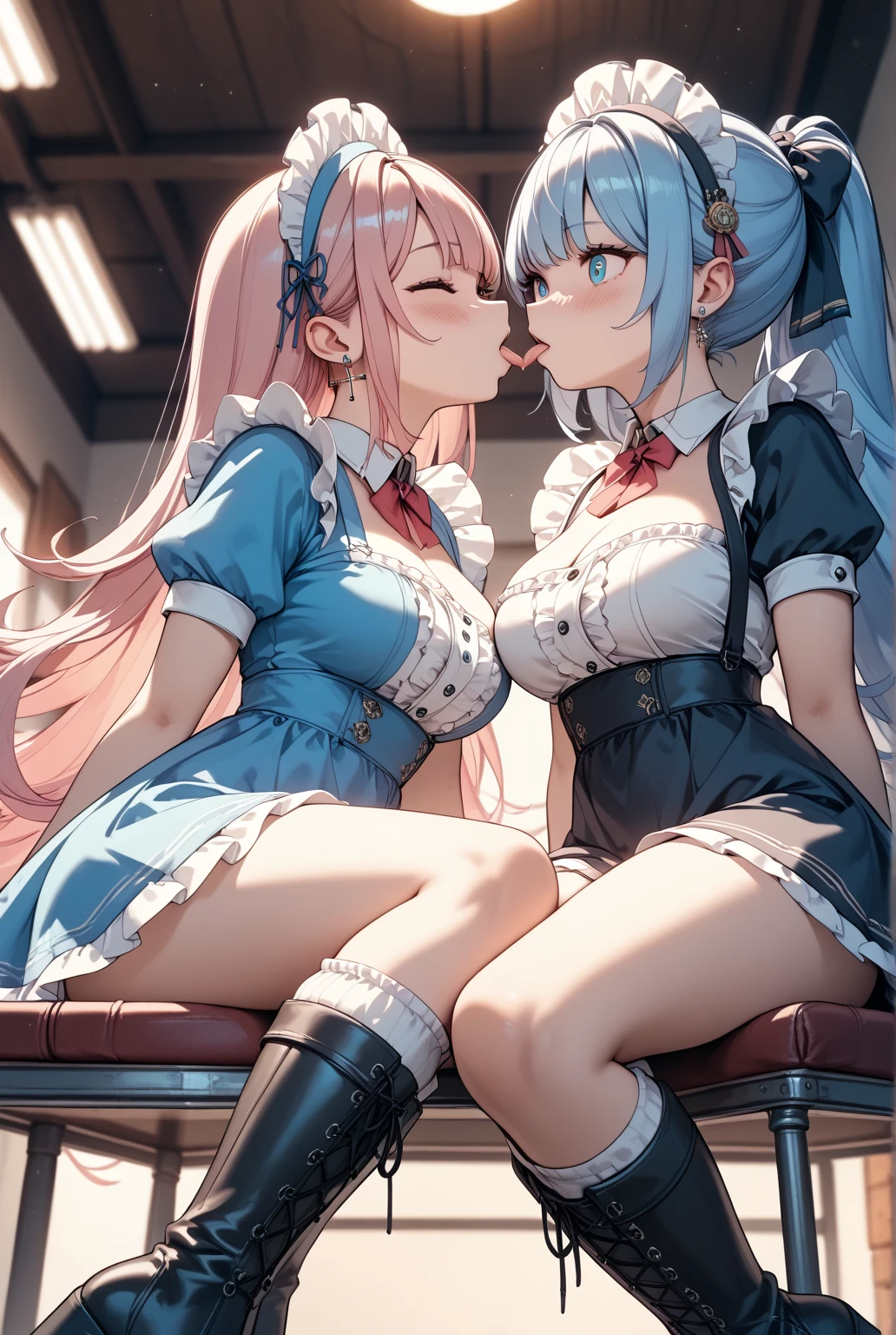 Two women are riding an escalator side by side wearing navy blue maid outfits., by 2 person, Beautiful well-balanced buttocks, long skirt, panties, underwear, (shiny light blue satin panties:1.3)、(shiny light pink satin panties:1.3)、横紐レースpanties that cover the butt、Liar, Thighhighs,garter belt, The wind is blowing up my skirt , think back, realistic,Angle from the back, Two-dimensional beautiful girl