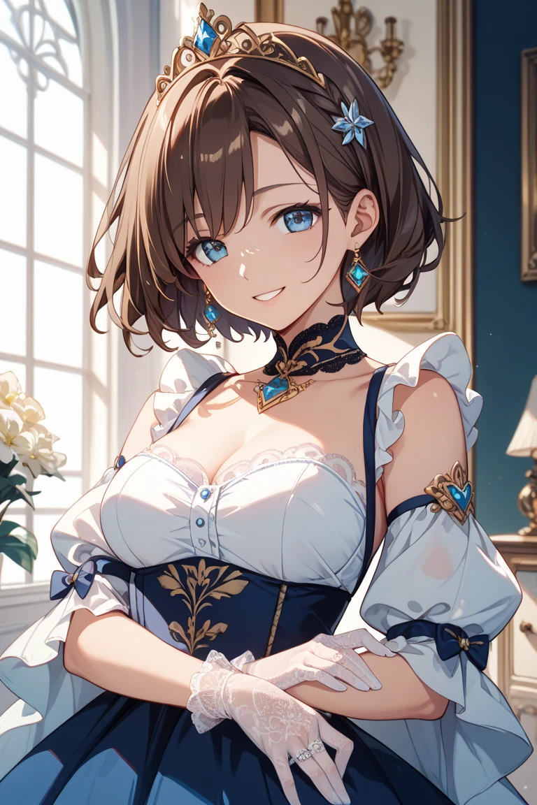 18 year old beautiful girl, Big blue eyes, Large breasts, Petite and slender, in 8K, of the highest quality, (Highly detailed head: 1.0), (Very detailed face: 1.0), (very detail hair: 1.0),tailcoat, Blue Rose, Detailed official artwork, anime moe art style, clean detailed anime art, confident grin, ((lightbrown hair,)),(short cut hair)
