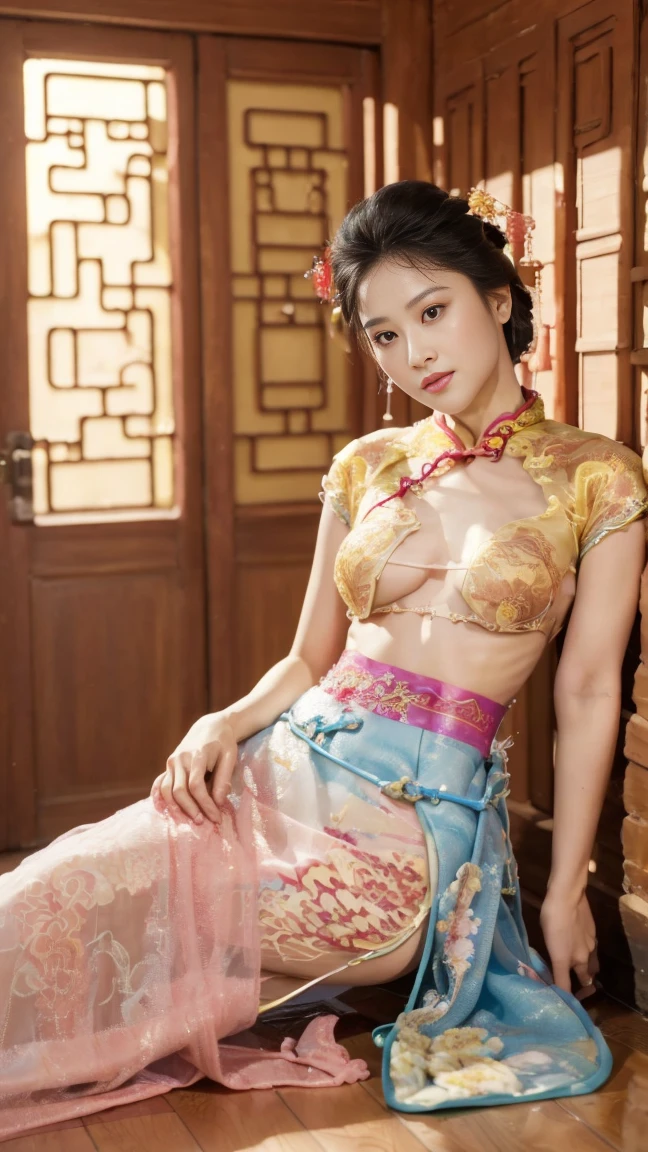In the Qing Dynasty palace、Her breasts are large and her legs are spread wide、Bend your knees to make a V shape(Porn Pose)、Tying up your hair、She is shown in profile wearing a gorgeous Chinese empress's headdress.。In the background is the cobblestones outside a Qing Dynasty Chinese palace。