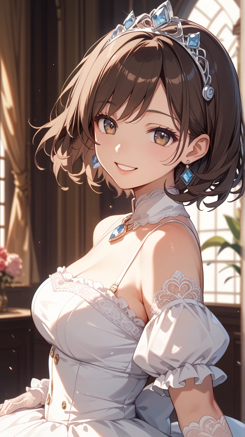 (Best quality,4K,8K,A high resolution,tmasterpiece:1.2),ultra - detailed,(actual,realistically),vivd colour,beautidful eyes,Delicate smile,face flushed,ctextured skin,tmasterpiece,k hd,Best quality,Gentle and beautiful woman,Mild,delicate and sexy collarbones,atractive Face,二重まぶた,rosy lips,small-nose,random hair style,dyed hair color,Huge big breasts,Elegant,Subtle blush,gorgeous one,perfect pubic bone,Elegant lady,Gorgeous dress,Photographed from top to bottom,Close-up cleavage,Leaning forward