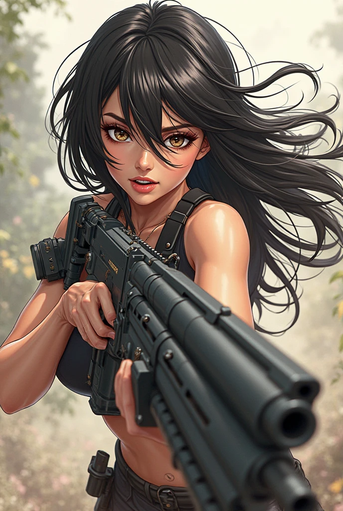 Japanese Beauty、Long, straight black hair. A sniper rifle is in her hand. She is wearing a tight black dress with a slit so that her entire body can be seen.。
Accentuates thighs and buttocks
