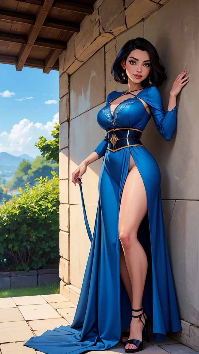 1girl, solo, jewelry, detached sleeves, necklace, blue-beaded earring, hakama skirt, YunaFFX, ultra high res, photo, photorealistic, highly detailed, detailed face, solo cute woman, castle balcony, (masterpiece, high quality),looking at viewer, gorgeous goddess, bob cut, shiny skin, charming, alluring, dreamlike, royal cloak, ((thick bangs)), huge breasts, breasts out,show breasts, nipples, cowboy shot, happy,