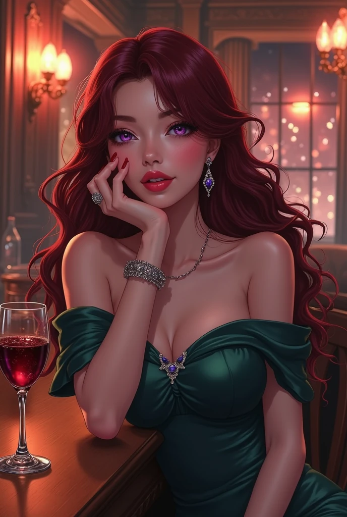 I would like to get an anime-style image of Queen Beryl: an incredibly beautiful young femme fatale with long copper-red hair gathered in a beautiful hairstyle, green eyes, precious jewelry in her hair, jewelry, in a luxurious emerald dress, in her hands a glass of red wine. A beautiful drawing, a masterpiece.
