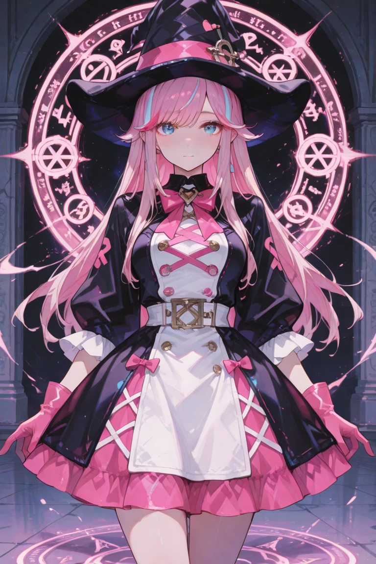 (8k, absurdres, masterpiece, best quality, ultra-detailed:1.6), ilustration, 1girl, (loli:1.2), magic, long hair, pink hair, side swept bangs, blue eyes, bright pupils, clock tower, starry sky, full moon, beautiful detailed sky, short and small, plump thighs, (black robe:1.4), (perfect face, beautiful face:1.2)