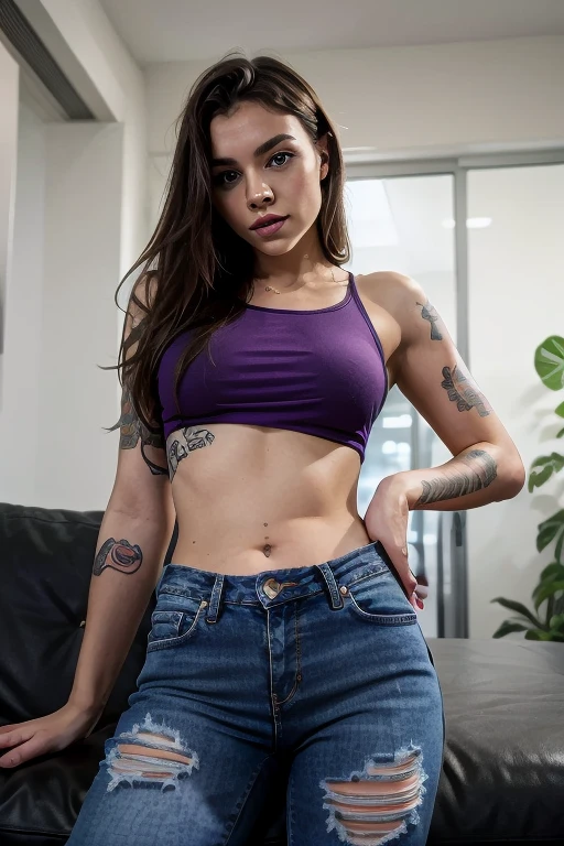 SkinnyLight skinned femboy with long hair and tattoos and on his knees,with a thong on