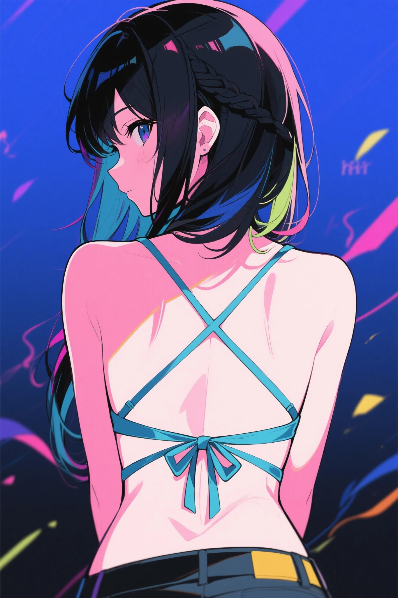 (medium full shot, looking at viewer:1.3), rainbow color combinations, masterpiece, 8k wallpaper, absurdres, best quality, dynamic angle, cinematic lighting, 1girl, (small breasts), cute, delicate, (black hair, pink streaks:1.3), (halter dress, sky blue dress:1.32), long hair, hair between eyes, sidelocks, crown braid, diadem, show shoulders, extremely reflective eyes, (extremely plain background, solid color background, yellow background:1.1)