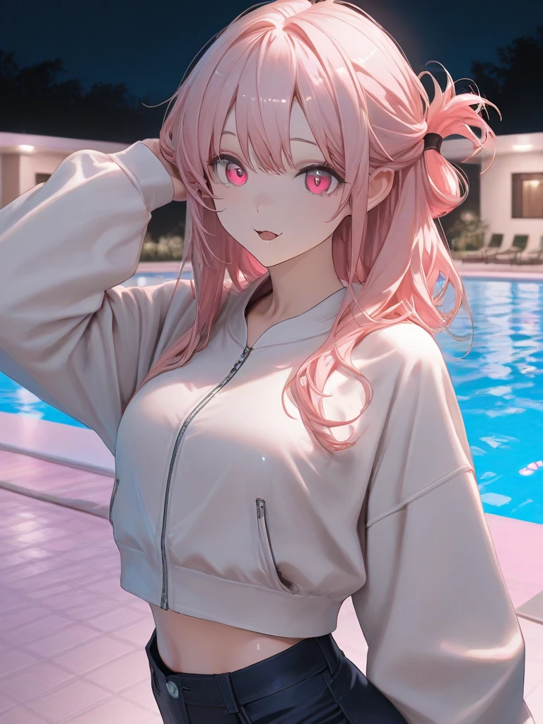Miyakoshiki Shikimori, Shikimori Miyako, long hair, blue eyes, hair between eyes, pink hair, break long sleeves, side ponytail, micro bikini、string bikini、swimsuit、Ocean、Take a break to watch the audience, break indoors, classroom, break (masterpiece:1.2), highest quality, High resolution, unity 8k wallpaper, (figure:0.8), (detailed and beautiful eyes:1.6), highly detailed face, perfect lighting, Very detailed CG, (perfect hands, perfect anatomy)、shy smile、closed mouth、(large hot spring bath:1.2)、(vapor:1.2)、(Blur the background to make the woman stand out:1.3)、(background flowers)、(sunlight shines in)