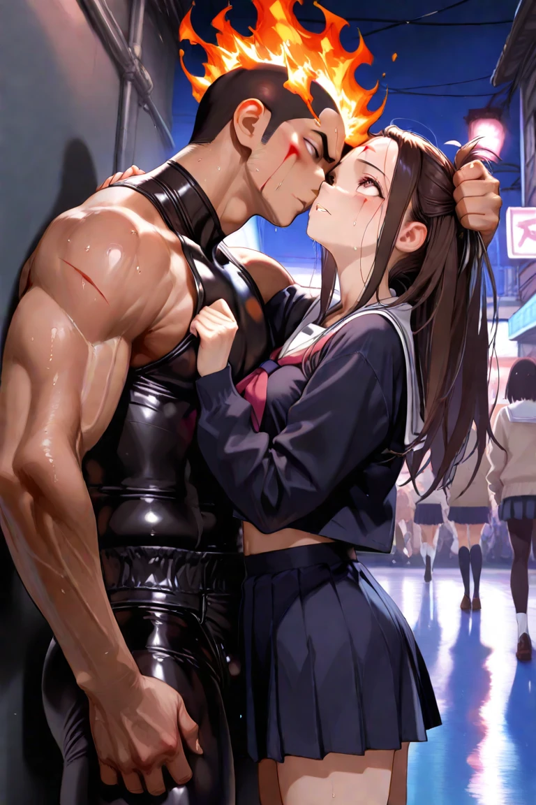 ((nude male:1.3)),{perfect anatomy},((beautiful face:1.5)),((Pregnant: 0.8)), ((1girl, 1black man, kiss, old, groping:1.7))),(Ahegao, blush, Sweat, Open mouth, Rolling eyes, Tears, Tongue out,)(Parted lips),(Closed eyes),(Feeling weak), best quality, (8k, best quality, masterpiece, ultra high res, , Super Detail), Ultra Detailed, Detailed Skin, (an extremely delicate and beautiful), BREKA,1 japanese beautiful airl, ShigureKaiSanKC, (sleeveless) shirt, (black and white) two-tone shirt, (black) pleated skirt, (black) thigh highs, (red) necktie, (white) belt, (black) fingerless gloves, (red) hand ribbon, hair over shoulder, hair ornament, hair between eyes, blue eyes,hair bow, long belt, BREAK perfect hands, detailed hands, best hands.