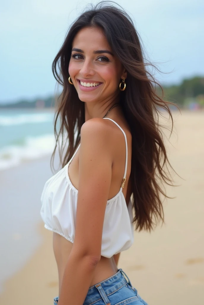 Highest quality, 8K, Very delicate and beautiful, On the beach,Highly detailed face and skin texture, High resolution, Dressed in stylish summer clothes、A sexy long-haired Japanese girl with tanned skin is standing in the street and smiling, whole body, Sharp focus,Random Face,Random Posing,20-year-old female,