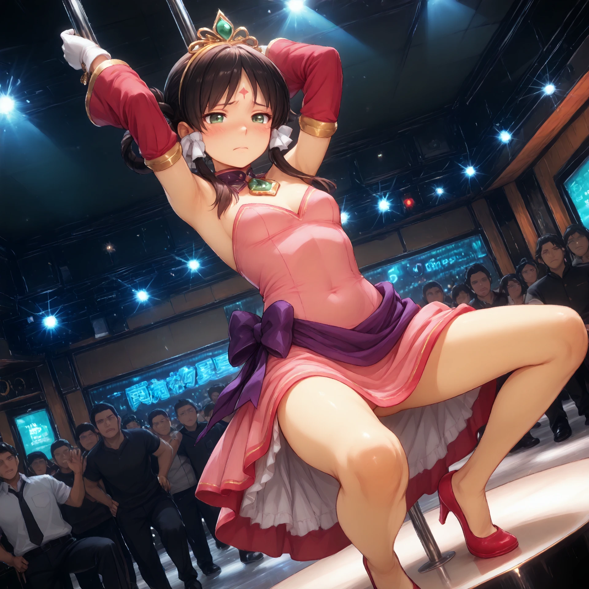 Realistic photograph of micro bikini oily dancer yoko Kaede, analog photograph, masterpiece, onstage, stop action,