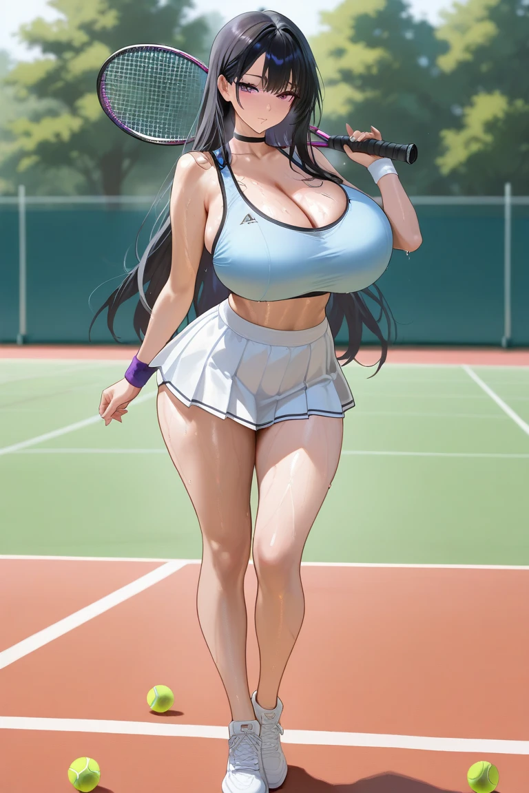 High detailed, 4k quality, stunning 23 years old female, purple hair, random hairstyle, necklace and piercing, wearing Erotic Tennis: Moisture-wicking tennis shirt, shorts, tennis shoes, and a visor or cap, perfect breast, long cleavage, curvy body, playful expression, street background