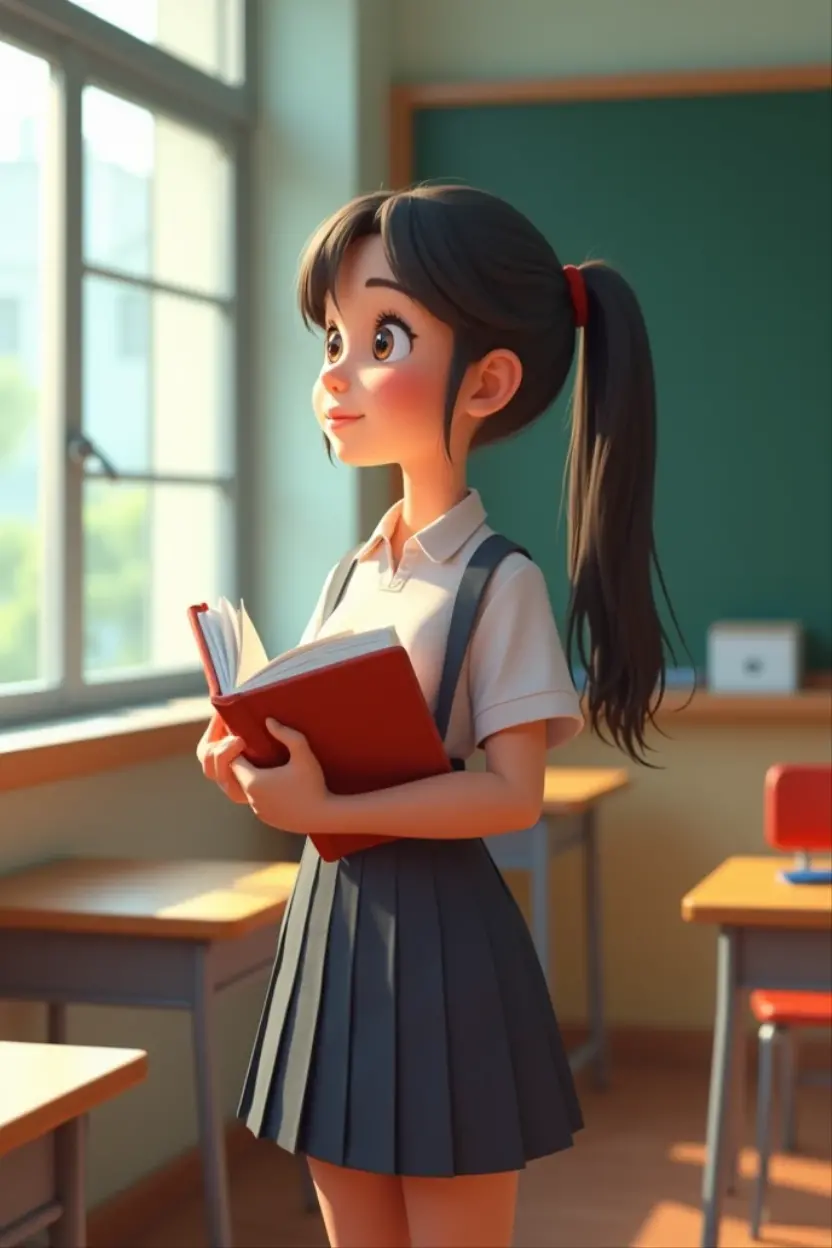 A girl in a high school classroom,Hold a textbook,Standing by the window,Wearing school uniform,Behind it is a blackboard,Cartoon 3D style,