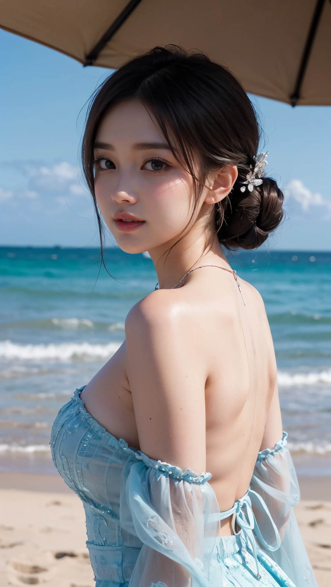 ((highest quality, 8K, masterpiece :1.3)), (realistic, Photoreal:1.4), sharp focus：1.2, 
Bright colors, professional level, shallow depth of field, 
20-year-old, 1 person, A beautiful face with intelligence, 
Supple body :1.3, model body shape:1.5, 頭w:1.4, perfect style：1.4, 
narrow shoulders, beautiful clavicle, long and thin legs, The beauty of slim abs :1.2, thin waist :1.2, 
super detailed skin, Fair skin, Shiny skin, 
super detailed face, slim facial contour, beautiful small face, Beautiful lined nose, 
super detailed eyes, long slit eyes, brown eyes, double eyelid, beautiful thin eyebrows, fine long eyelashes, 
super detailed lips, plump lips, glossy pink lips, flushed cheeks, beautiful teeth, 
Beautiful actress&#39;s ennui makeup, pink lipstick, (necklace, earrings), 
milk greige hair, delicate soft hair, 
(hair up, short hair, ponytail:1.2), layer cut, (dull bangs:1.2), 
(Dress up with trendy fashion:1.2), 
gentle smile, open mouth half way, Enchanted expression, stare at the camera, 
dynamic lighting, ((Hasselblad Photos)), 

(Beautiful nude images, upturned breasts, Manicured pubic hair:1.4), 
(perfect breast shape, B cup:1.2), It is a small pale pink areola.,  
(She has a cute plump butt, My thighs are dazzling), 
(View from the front, pay attention to the thighs, full body portrait:1.2), 

blue sky and aegean sea, sea beach, The horizon of the ocean spreading out in the background, 
She is sitting with her legs stretched out in a beautiful posture, (Beautiful thin legs), 
cinematic lighting, midsummer rays, Bright light shining all over, 
