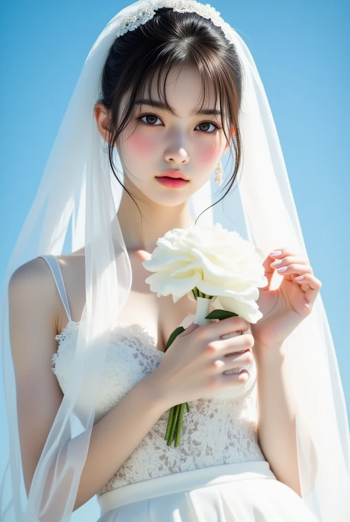 Create a realistic photo of a woman in profile in a cherry blossom snowstorm.

 [Female features.
 Beautiful Japanese woman of 20 years old
 Transparent white skin
 Natural pink makeup matches the cherry blossoms.
 Long transparent black hair, loosely curled only at the ends
 Sheer white dress with bare shoulders
 Fingers gently touching the petals

 Background, etc.
 Overall whiteness and a veil of light with a hint of pink
 Cherry blossoms and a blizzard of cherry blossoms
 Light shining through.